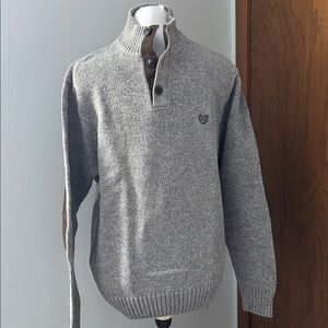 CHAPS Mock Neck Button Pullover Sweater Gray Brown Elbow Patches Knit Academia L